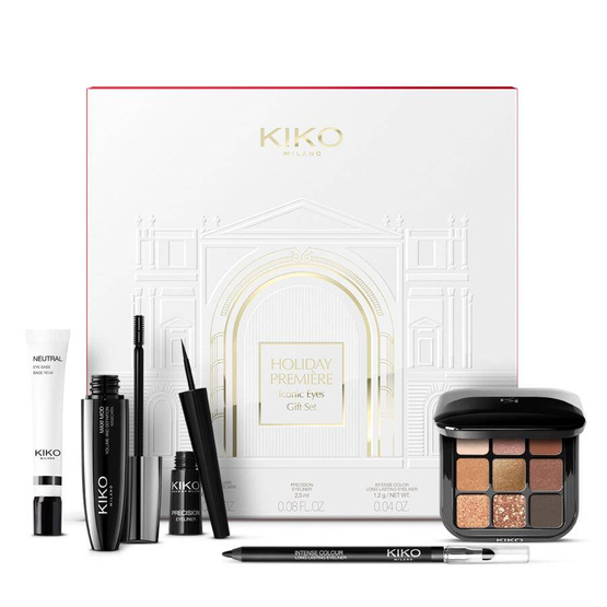 KIKO Milano Holiday Première Iconic Eyes Gift Set zestaw baza pod cienie 10ml + płynny eyeliner w kałamarzu 2.5ml + kredka do oczu 16 1.2g + paletka cieni do powiek 02 2.5g + tusz do rzęs 12ml