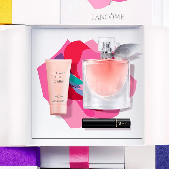 Lancome La Vie Est Belle zestaw woda perfumowana spray 50ml + balsam do ciała 50ml + Hypnose mini tusz do rzęs 2ml