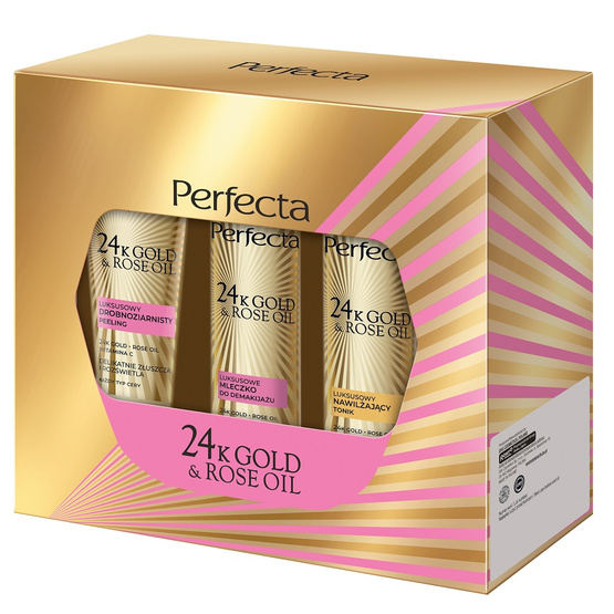 Perfecta 24K Gold & Rose Oil zestaw peeling drobnoziarnisty 75g + tonik nawilżający 200ml + mleczko do demakijażu 200ml