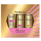 Perfecta 24K Gold & Rose Oil zestaw peeling drobnoziarnisty 75g + tonik nawilżający 200ml + mleczko do demakijażu 200ml